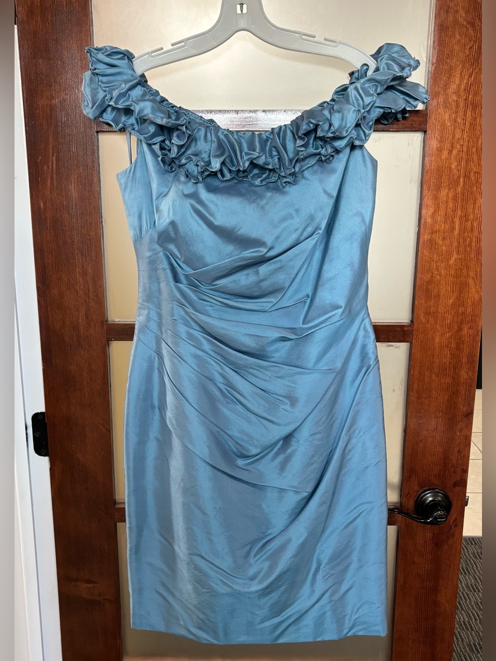 Marisa Baratelli Ruffled Off-Shoulder Satin Dress in Dusty Blue
